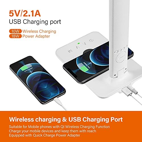 LED Desk Lamp with Wireless Charger, USB Charging Port, Office Table Lamp with Clock, Alarm, Date, Temperature for Home Office, White