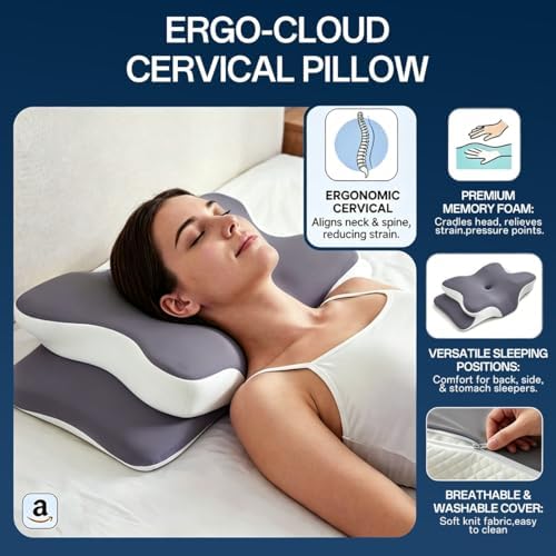 Pillow for Neck Pain Relief, Cooling Memory Foam Cervical Contour Support