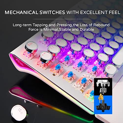 RK ROYAL KLUDGE S108 Typewriter Style Mechanical Gaming Keyboard with RGB Backlit, Wired PC Game Keyboard Full Size with Detachable Wrist Rest and Number Pad, Retro Round Keycaps, Red Switches White