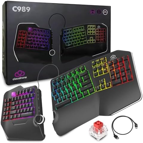 Cloud Nine C989 Ergonomic Mechanical Keyboard for PC - Kailh Linear Red Switches - RGB Light Up LED Backlit with USB - Ergo Split Key Board with Macro