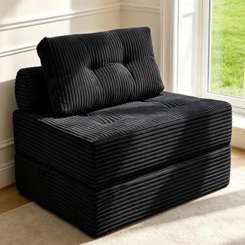 Nigoone Sofa Bed Futon, Versatile Foldable Sleeper Chair with Pillow, Supportive Memory Foam, Plush Corduroy Fabric, Cozy Floor Couch, Convertible Mattress for Bedroom/Living Room/Guest/Office, Black