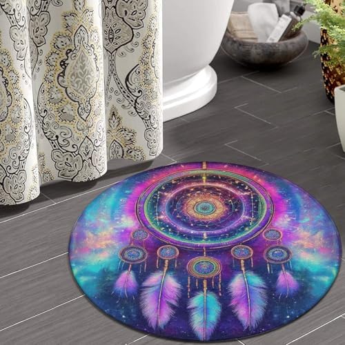 Home Decor Non Slip Kitchen Office Circle Rug, Machine Washable Modern Round Area Rug, Room Sofa Yoga Soft Round Carpet Colorful Purple Blue Galaxy Dream Catcher Art, 24inch