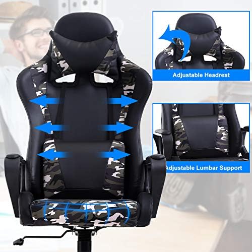 PC Gaming Chair Office Racing Desk Chair With Lumbar Support, Arms, Headrest, Massage - High Back PU Leather Ergonomic Computer Chair, Adjustable Swivel for Women Men Adult, Camo