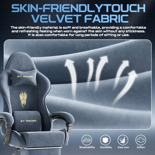 Ferghana Ergonomic Velvet Fabric Gaming Chair with Embroidery Fire, Massage Lumbar Support & Retractable Footrest, Reclining Racing Computer Office Desk Chair for Adults, Grey