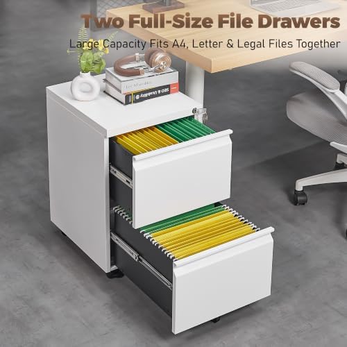 Guizeeopo Fully Assembled 2 Drawer File Cabinet, Locking Filing Cabinet with Anti-Tipping Wheels, Quiet Slide, Heavy-Duty Steel Construction, Fits A4 Letter Legal for Home Office, Matte White