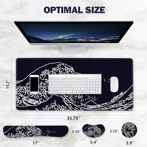 ToLuLu Extended Gaming Mouse Pad, Memory Foam Ergonomic Keyboard Mouse Wrist Rest Support Set, Large Desk Mat with Stitched Edges, Non-Slip Base Mousepad for Home Office Game, Black Wave of Kanagawa