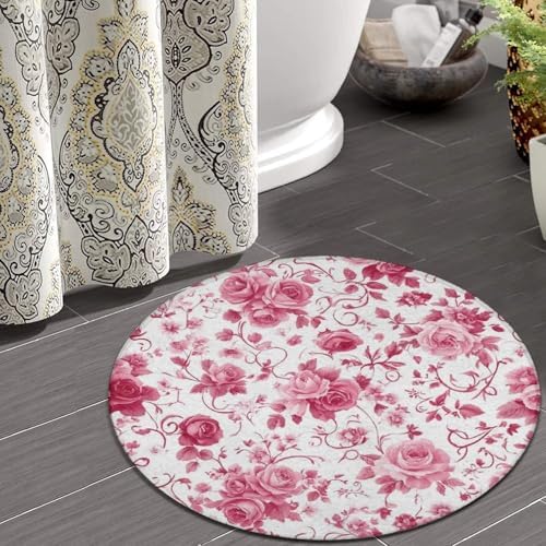 Large Machine Washable Circular Rugs, Home Decor Round Mat for Living Room Sofa Office Pink Flowers Rose Floral