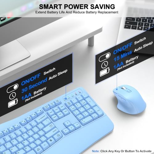 Wireless Keyboard and Mouse Combo, 2.4G Ergonomic Wave Keys(Sky Blue)