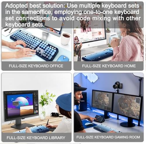 Blue Wireless Keyboard and Mouse Combo,Retro Typewriter Style Bubble Keys