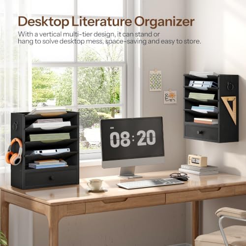 HOOBRO Wall File Organizer, Mail Organizer Wall Mounted, Wooden Literature Organizer, Construction Paper Organizer with Drawer Storage and 2 Hooks, for Office, Classroom, Home, Black BK14WF01