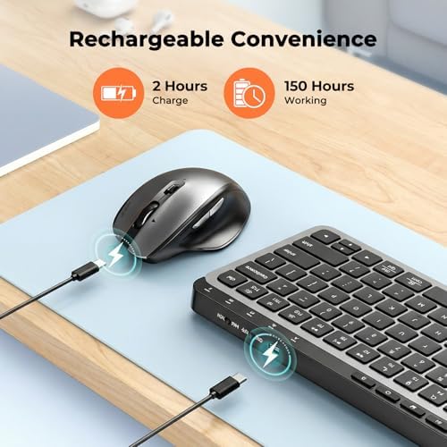 MEETION Wireless Ergonomic Keyboard and Mouse, Split Curved Bluetooth & 2.4G Keyboard Mouse Set, Cushioned Palm Rest, Full-Size, 4-Level DPI Adjustable Mouse (Dark Black)