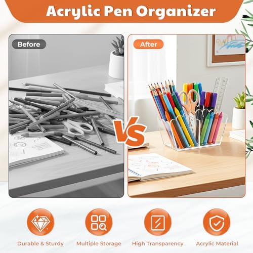 Clear Acrylic Pen Holder,2-Compartment Scalloped Desk Caddy
