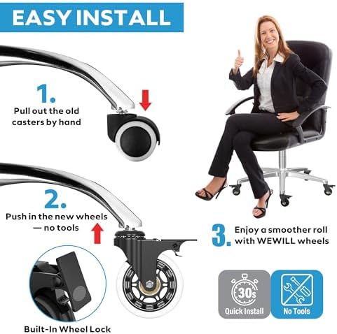 WEWILL Office Chair Wheels - Rubber Casters Replacement Universal Fit 98% Chair(Set of 5) Heavy Duty 3 Inch Smoothly & Quietly Safe for All Floor, Hardwood, Tile, Carpet, Noise Free - Transparent