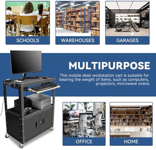 Auto Dynasty Rolling AV Cart, Height Adj w/Lock Storage & Keyboard Tray