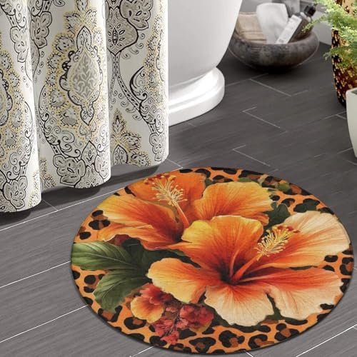Room Sofa Yoga Soft Round Carpet, Home Decor Non Slip Kitchen Office Circle Rug, Machine Washable Modern Round Area Rug Orange Yellow Flower Floral Cheetah Leopard Print, 24inch