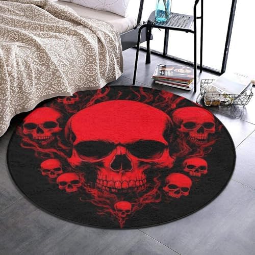 Men's Large Home Decor Mat, Soft Round Yoga Carpet, Non Slip Machine Washable Home Office Circle Rug Cool Red Skulls