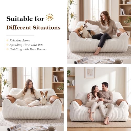 Homkdom Bean Bag Chairs for Adults, Lazy Loveseat Sofa with Armrests, White