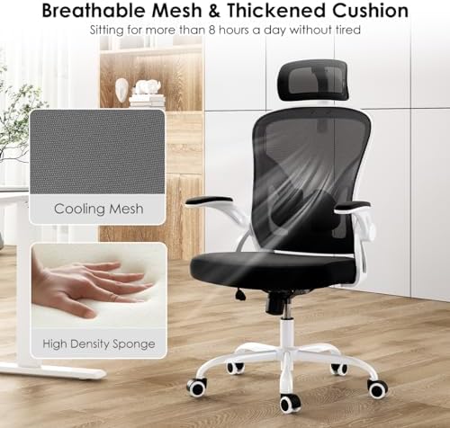 High Back Mesh Office Chair, Flip-Up Arms, Adjustable Headrest, 350lb Load
