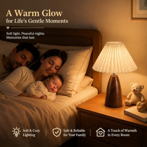 Warm & Cozy Bedside Table Lamp with 3-Color LED Bulb Included, Linen Shade Nightstand Lamp with Wood Grain Metal Base, Soft Eye-Caring Lighting for Bedroom Reading, Living Room, Dorm & Office
