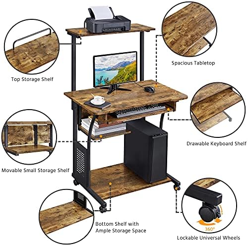 Topeakmart 2-Tier Rolling Desk with Printer Shelf & Keyboard Tray, Rustic Brown