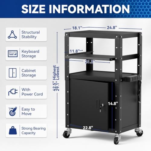 Mobile AV Cart with Cabinet Adjustable Height Computer Cart Rolling Media Utility Cart Heavy Duty with 4 Outlets & Pullout Keyboard Tray Mobile Computer Workstation with Lock Brake Wheels