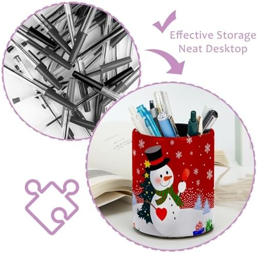 Christmas Snowman Snowflake Pen Holder Pencil Organizer Cute Pencil Cup Desk Decor Makeup Brush Holder PU Multifunctional Office Supplies for Home Classroom School
