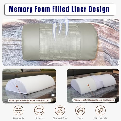Non-Slip Memory Foam Neck Pillow for Recliner - Adjustable and Breathable Perforated Leather Design in Light Gray, Ideal for Pain Relief at Home, Office, and Travel