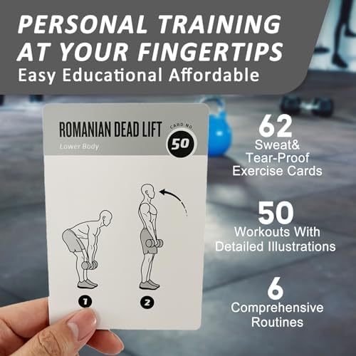 Dumbbell Workout Cards, 62 Large 5"x3.5" Exercise Cards for Home & Gym, Strength Training, Muscle Building, Beginner Fitness Guide, Fitness Cards for Men & Women