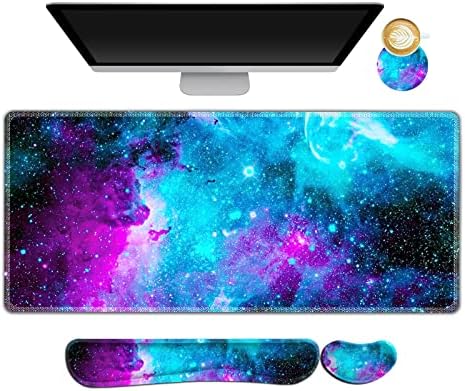 AIMSA Large Gaming Mouse Pad Set, Keyboard Wrist Rest Support Mouse Pad, Ergonomic Memory Foam Multifunctional Extended Desk Mat 35x15.7in Anti-Slip Rubber Base, Galaxy Nebula Universe