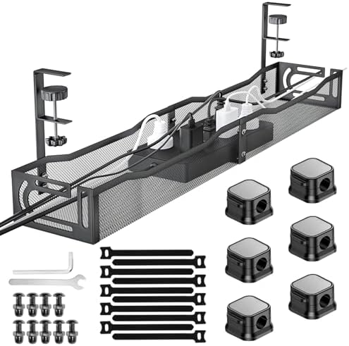 No Drill Under Desk Cable Management Tray, SONATURE 25.3" Cord Organizer for Table, Clamp Mount Desk Cable Management, Premium Carbon Steel Cable Organizer for Office, Home (Black)