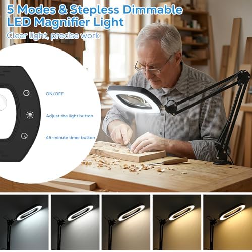 MoKo 15X 30X Magnifying Glass with Light and Stand, Magnifying Desk Lamp with Clamp, 5 Color Modes Stepless Dimmable LED Lighted Magnifier, Desk Magnifier for Close Work, Reading, Crafts, Black