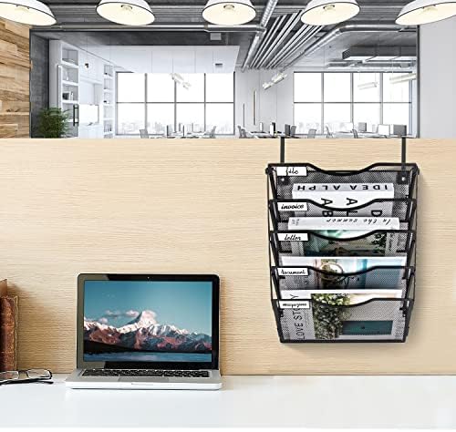 BOHDK Wall File Organizer 5 Pockets, Mail Organizer, Hanging Folder Holder, Foldable | Hanging or Wall Mounted | Label Panel | 2 Hooks | Office Home School Organizer, Black