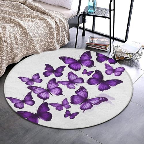 Soft Round Yoga Carpet, Office Chair Decor Round Mat for Carpet and Hardwood Floors Purple Butterfly