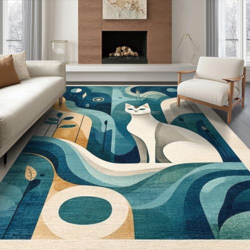 6'x9' Teal Blue Cat Boho Abstract Design Washable Area Rug