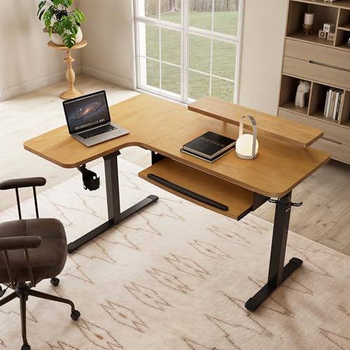 EUREKA ERGONOMIC L Shaped Standing Desk w Keyboard Tray,61" Electric Corner Standing Desk, Computer Desk w LED Monitor Stand,Dual Motor,Solid Wood,Left/Oak