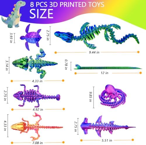 8pcs 3D Printed Dinosaur Skeletons,Octopus,Snake Flexible，Articulated T-Rex Fidget Toys,Large,3D Printed Animals,Desk Toy，Easter Eggs Basket Stuffers,Toys for Boys Kids Teen Girl 4-6 8-12