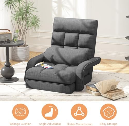 Adjustable Floor Gaming Chair for Adults, 6-Position Chaise Lounge Chair with Meditation Arm, Foldable Lazy Sofa with Pillow, Comfy Chair Indoor for Bedroom Dorm Living Room, Charcoal