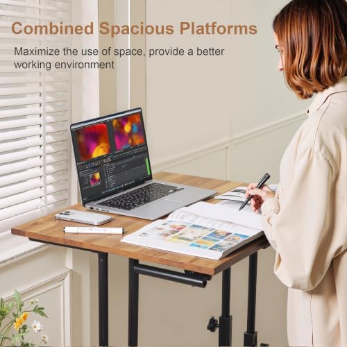 VECELO Mobile Small Standing Desk Adjustable Height, Computer Workstations with Tiltable Tabletop, Lockable Wheels, Portable Rolling Laptop Desk for Home Office, Brown