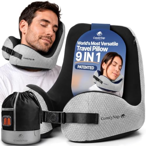 ComfyNap® Versatile Travel Neck Pillow for Airplane [Patented], 9 Positions in 3 Techniques, Plane Pillow with Pure Memory Foam, Travel Pillow with HeadRest Flight Sleep, Travel Essential - Moon