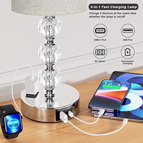 White Touch Bedside Lamps for Bedrooms - Crystal Table Lamp with USB C+A Charging Port and AC Outlet Nightstand, 3 Way Dimmable Silver Small End Side Table Lamp for Living/Guest/Dinning Room/Kitchen
