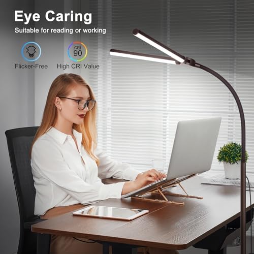 Floor Lamp, 18W/2000LM Bright LED Floor Lamp with Double Head, Adjustable Gooseneck Dimmable Craft Light for Sewing Tatoo Makeup, Eye Caring Brown Reading Floor Lamps for Living Room Bedroom Office