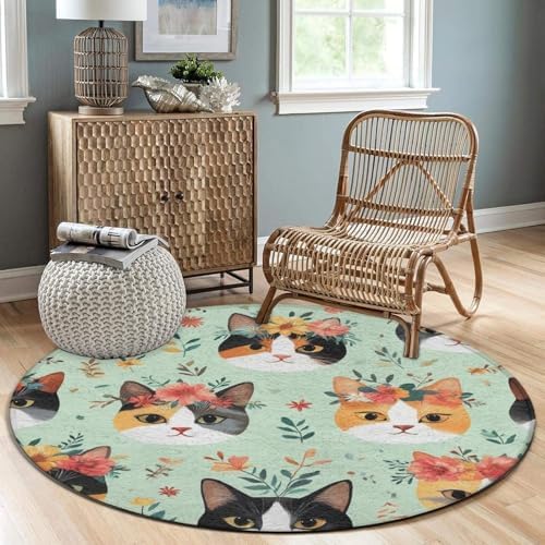 Soft Round Yoga Carpet, Large Home Decor Mat, Non Slip Machine Washable Kitchen Office Circle Rug Cute Cats