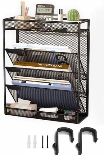 5 Tier Mesh Wall File Organizer,3 Pockets vertical Mount Hanging Organizer with Top/Bottom Tray | 2 Hooks | Wall Mount & Door Hanging for Office Home