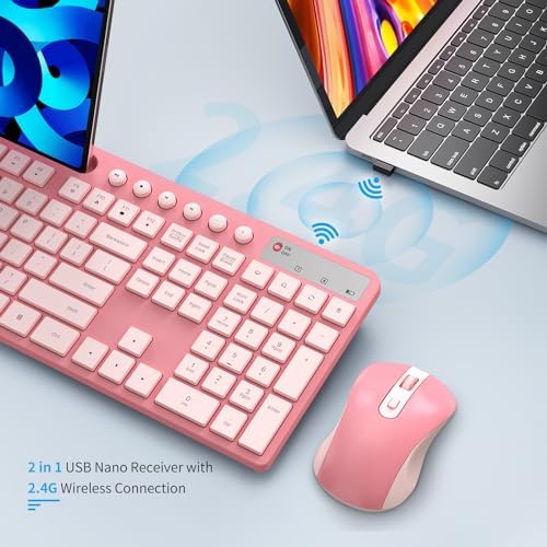 MARVO Wirelss Keyboard and Mouse Combo with Phone Holder, Full-Size, Sakura
