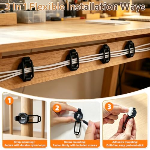 10-Pack Adjustable Elastic Loop Cord Clips with Screws, Pads & Cable Ties