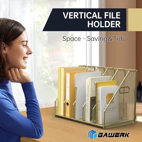 MINDEPOT Desk File Organizer Folder Holder with 5 Vertical for Office, Gold