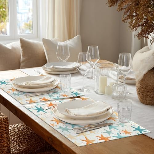 Shrahala Starfish Pattern Set of 8 12 X 18 Inch Linen Placemats, Sea Themed Illustration Burlap Table Mat Washable Double Layered Heat Insulation for Indoor/Outdoor