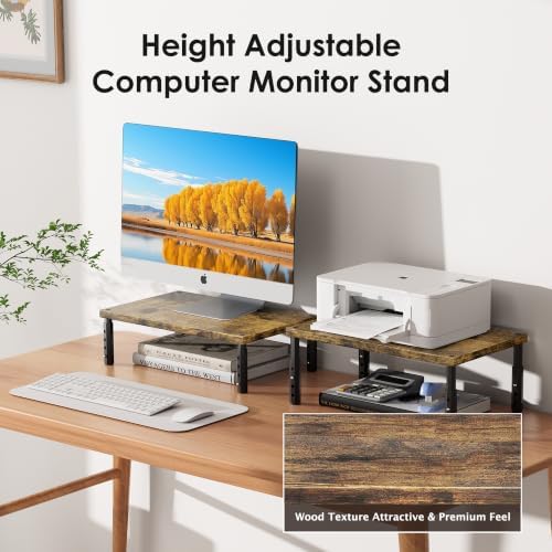 ECOLOVI Adjustable Wood Computer Monitor Stand Riser, Office Desk Organizer and Accessories for Monitor, Laptop, PC, Printer, Office Desk Accessories Workspace Organizer for Home Office Supplies, Brown