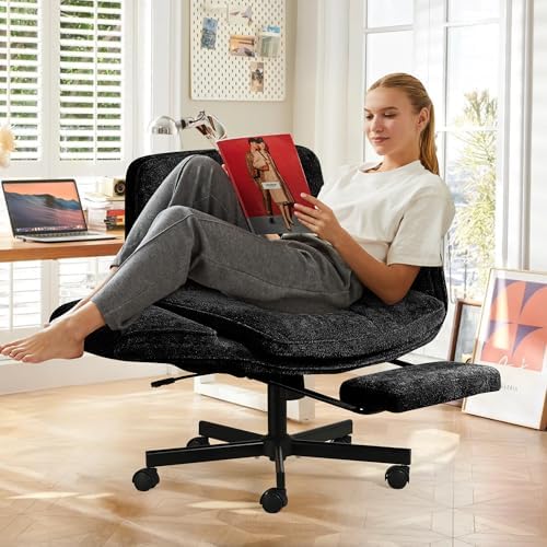 Criss Cross Chair with Footrest & 5 Level Folding Arms Full Relaxation, Wide Cross Legged Office Chair for Home Office, Comfy Swivel Desk Chair with Ottoman, Chenille Vanity Chair (Black)