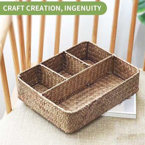 Nonam 4-Section Seagrass Tea Bag Organizer,Wicker Divided Basket,Brown